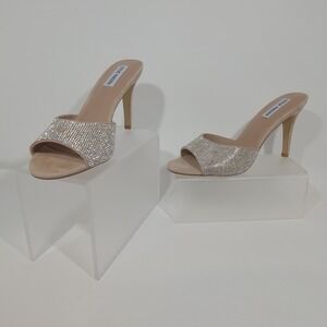 Steve Madden Erin Rhinestone Mules Heels Beige Suede Size 8.5 Sparkly Glam Party
